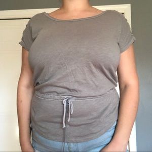 Aerie Gray Scoop Neck Short Sleeve Tee with Tie